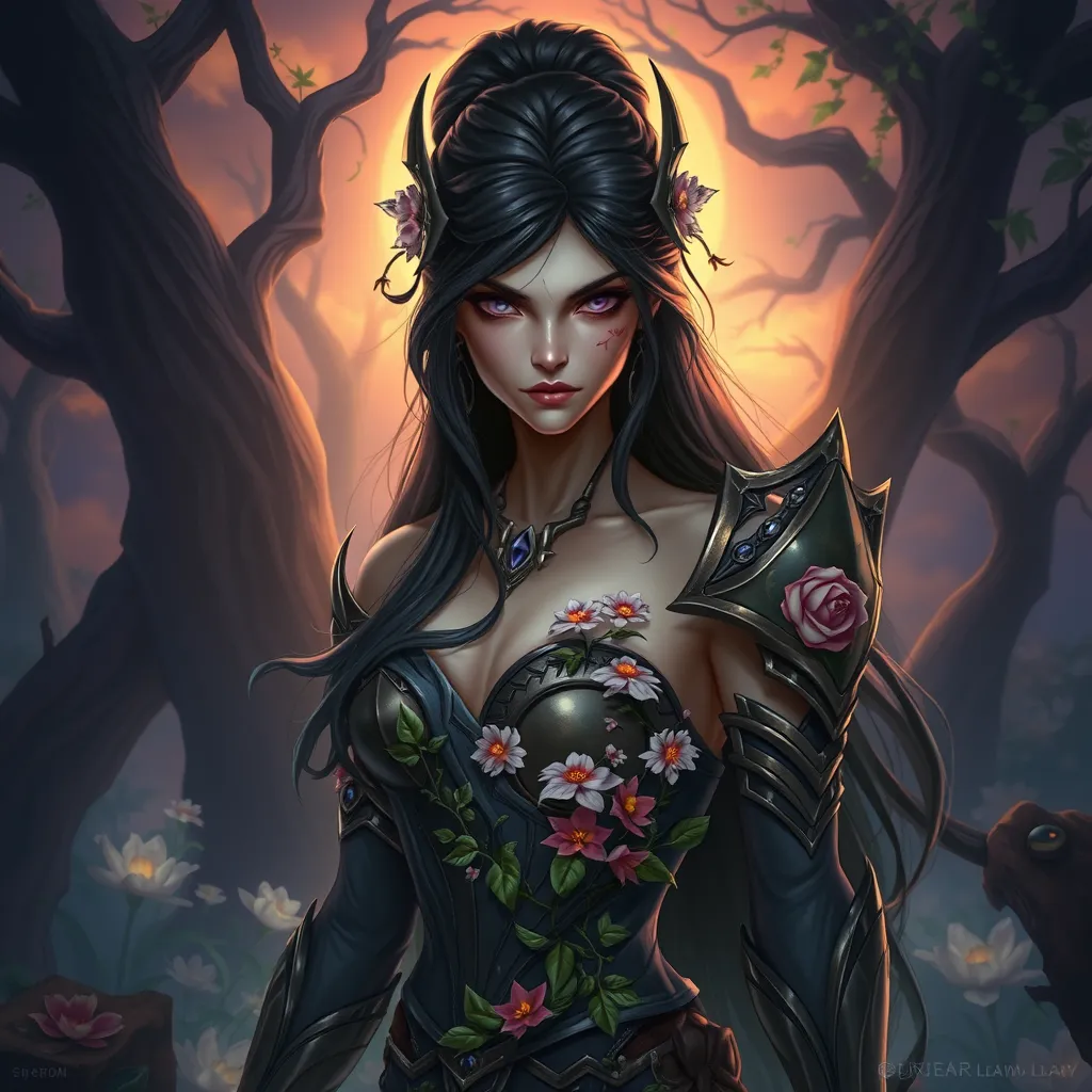 Irelia, the graceful warrior, is depicted in a serene yet foreboding forest at twilight. Her form is a blend of elegance and menace, with vines and flowers intertwining with her armor, yet her eyes hold a cold, determined stare. The background is a mix of soft, glowing flora and twisted, shadowy trees.