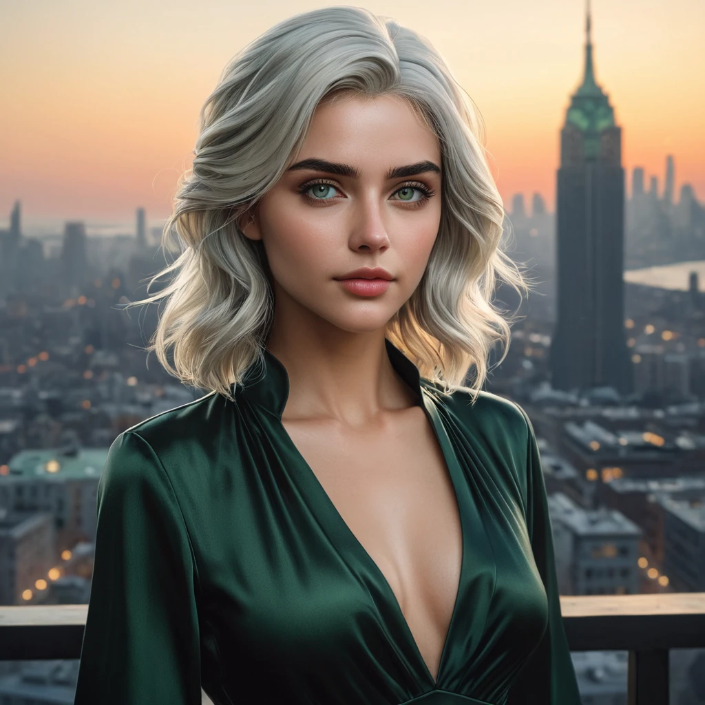 Ciri, exuding an air of mystery and allure, wearing a modern, yet timeless black dress that clings to her every curve. Her hair is styled in loose, beachy waves, and she stands in a sleek, urban penthouse with floor-to-ceiling windows offering a view of a bustling city at night. Her eyes, a striking green, hold a hint of mischief.