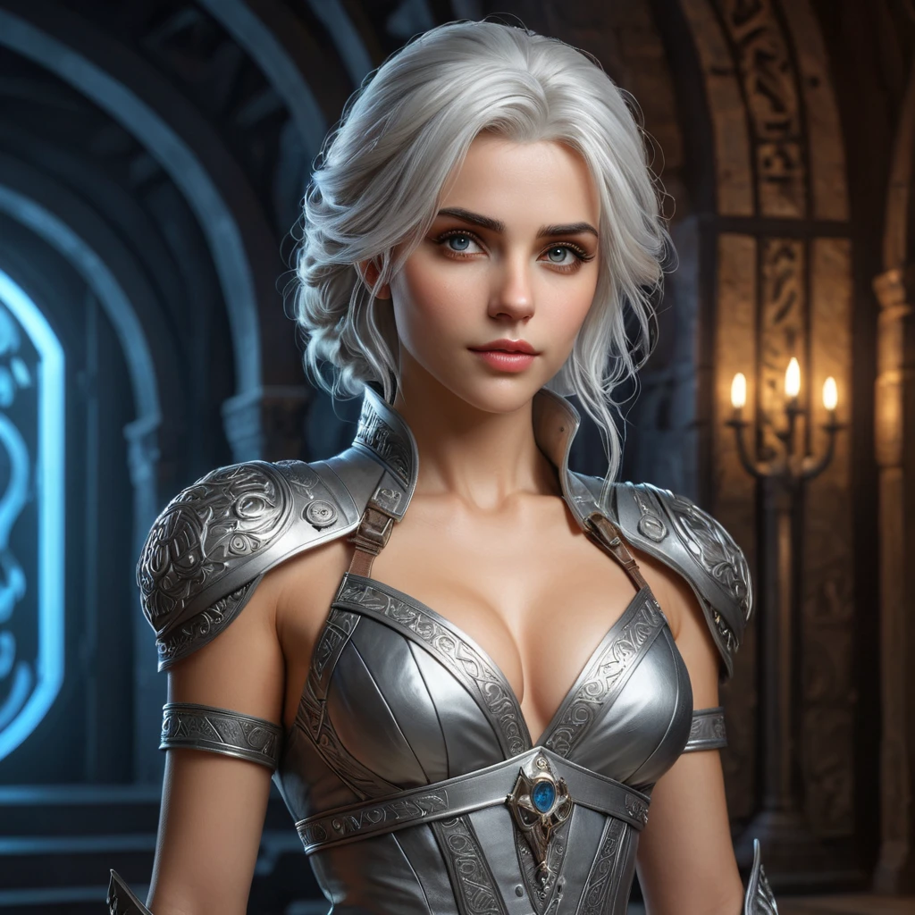 A seductive Ciri, in a daring, yet elegant outfit that combines elements of medieval and futuristic fashion. She stands in a high-tech, yet ancient-looking chamber, with holographic displays and ancient runes glowing around her. Her hair is a mix of silver and dark strands, and her eyes, filled with a blend of wisdom and seduction, lock onto the viewer.