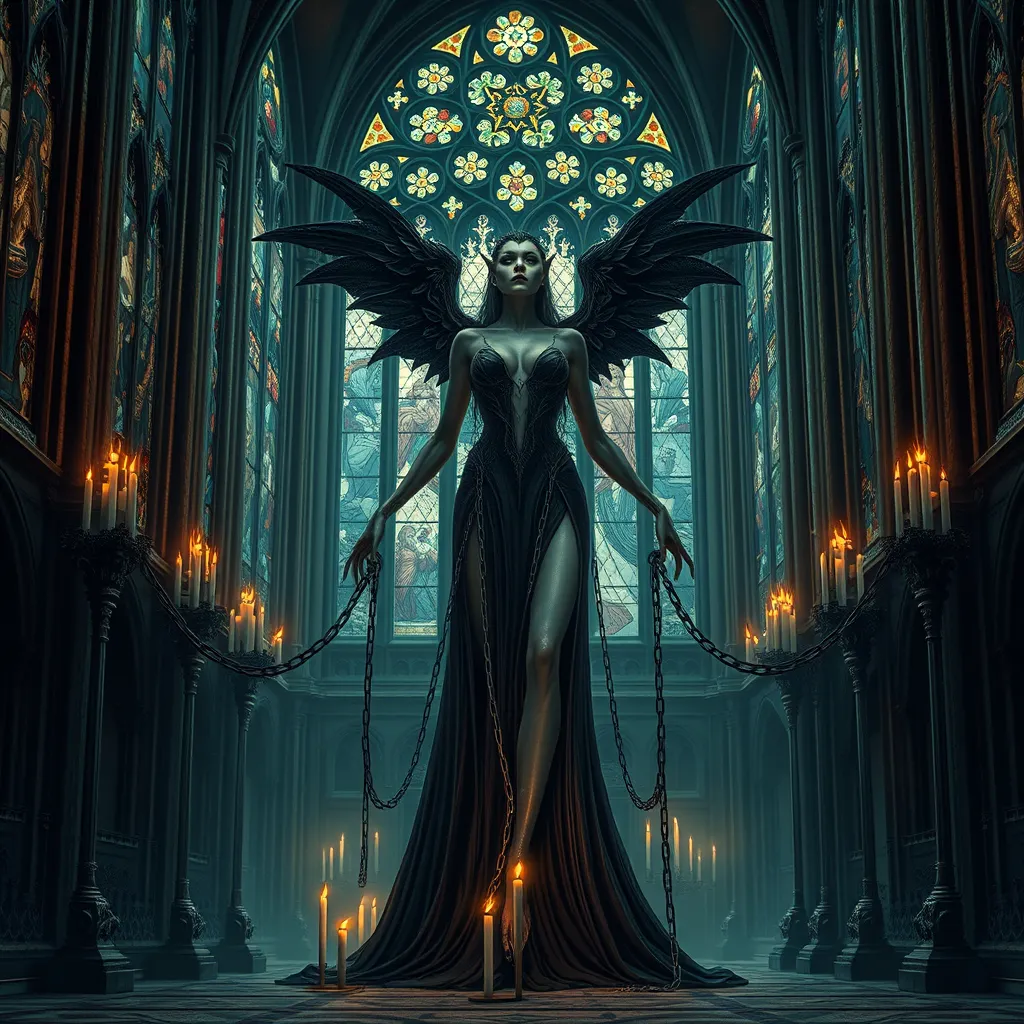 Morgana is shown in a grand, ancient cathedral, her presence both beautiful and terrifying. The stained glass windows behind her depict scenes of torment and despair, and her form is illuminated by the eerie, flickering light of candles. Her chains are wrapped around the pillars, binding them with an unbreakable force.