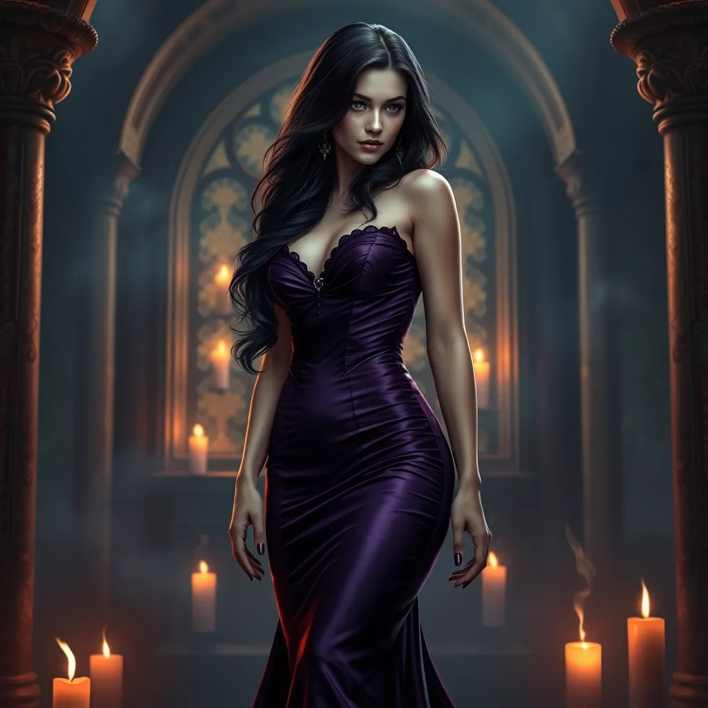 A seductive Yennefer with raven-black hair cascading over her shoulders, dressed in a form-fitting, deep purple gown that accentuates her curves, standing in a candlelit chamber with enchanted flames dancing around her