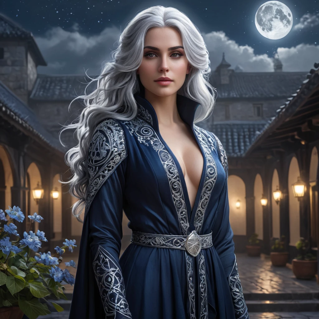 A alluring Yennefer with silver hair flowing like a waterfall, dressed in a shimmering, midnight blue robe adorned with silver runes, standing in a moonlit courtyard with swirling mist and glowing flowers