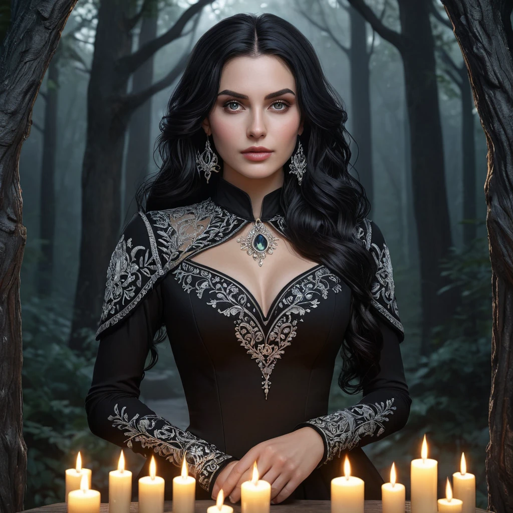 A mesmerizing Yennefer with a sultry gaze and a confident posture, wearing a sleek, black dress with intricate silver embroidery, surrounded by floating candles and a backdrop of a mystical forest at twilight