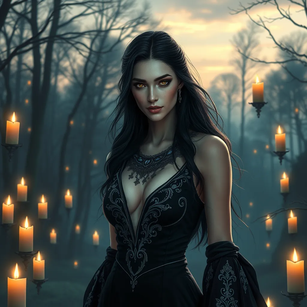 A mesmerizing Yennefer with a sultry gaze and a confident posture, wearing a sleek, black dress with intricate silver embroidery, surrounded by floating candles and a backdrop of a mystical forest at twilight