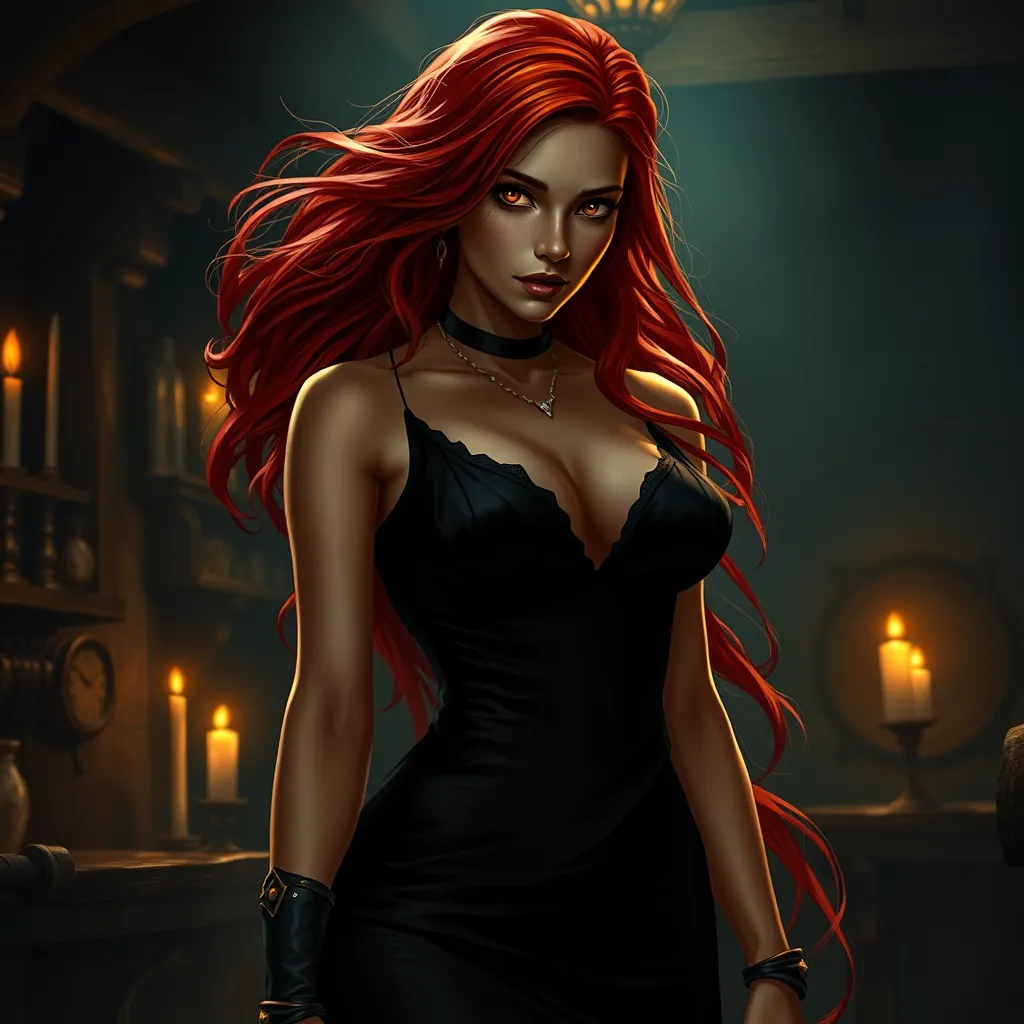 A seductive Triss Merigold with flowing red hair, dressed in a form-fitting, deep-cut black dress, standing in a dimly lit tavern with flickering candlelight casting shadows on her face, her eyes smoldering with a mix of mystery and allure.