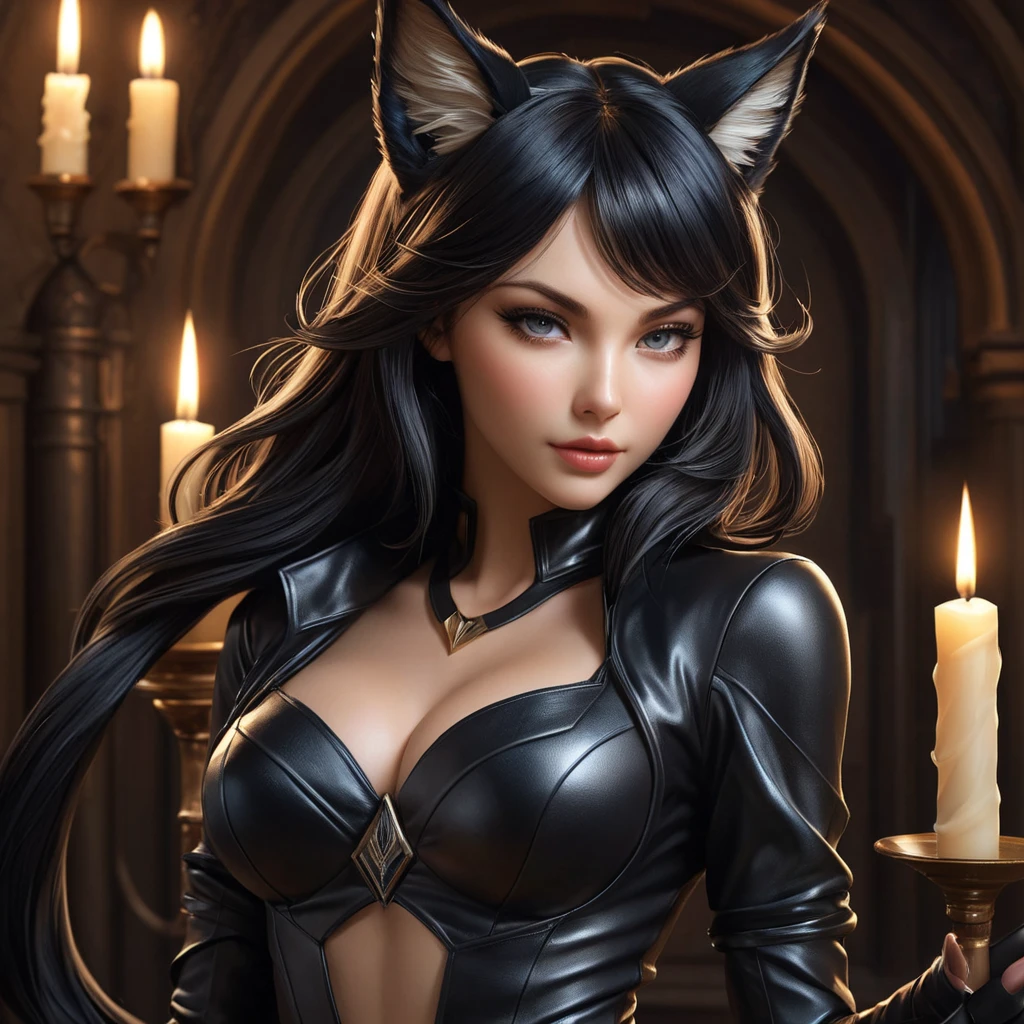 A seductive Ahri, her eyes sparkling with mischief, wearing a sleek, black leather outfit that hugs her every curve, with her tails wrapped around her like a protective embrace, standing in a dimly lit, candle-filled chamber with a mysterious, otherworldly aura.