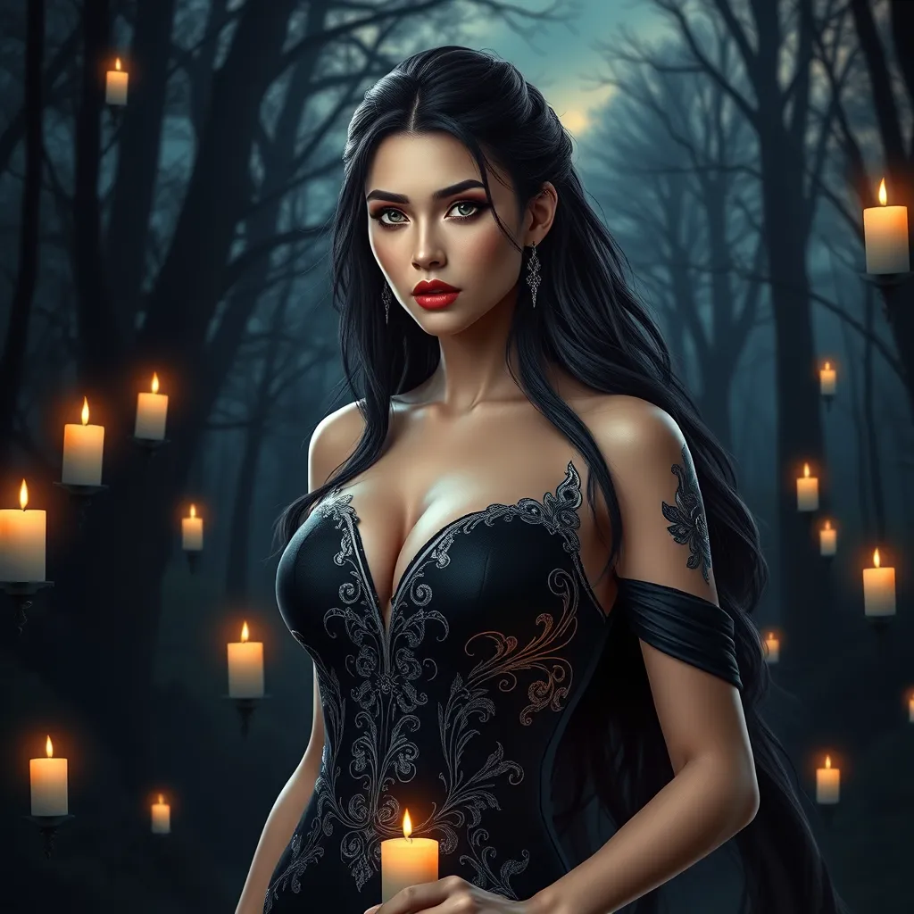 A mesmerizing Yennefer with a sultry gaze and a confident posture, wearing a sleek, black dress with intricate silver embroidery, surrounded by floating candles and a backdrop of a mystical forest at twilight