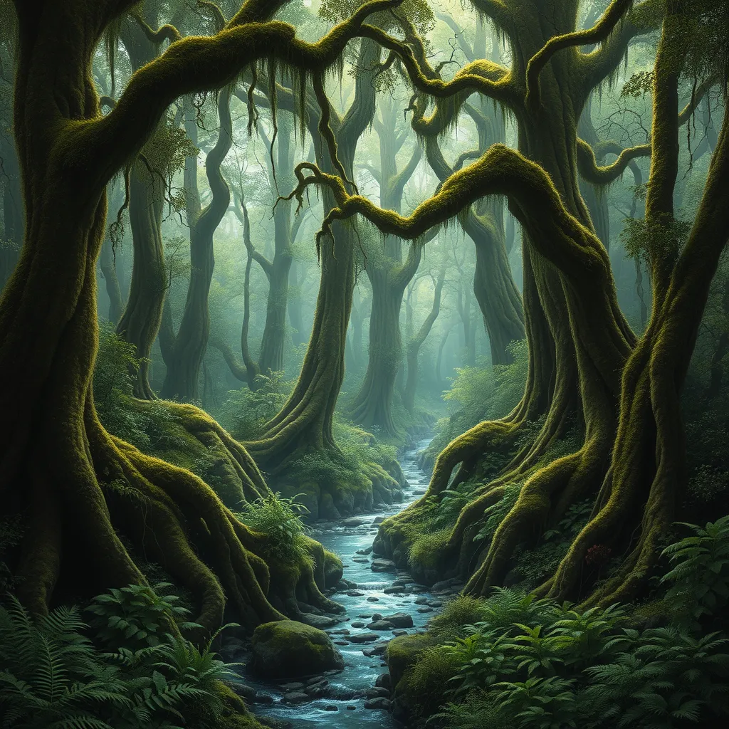 A dense, ancient forest with towering, moss-covered trees, a carpet of ferns, and a hidden, crystal-clear stream winding through the undergrowth.