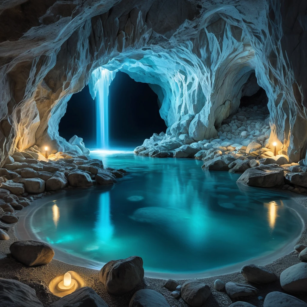 A hidden grotto bathed in ethereal moonlight, with crystal clear water flowing over smooth, white stones. Bioluminescent creatures illuminate the cave walls, casting an otherworldly glow.