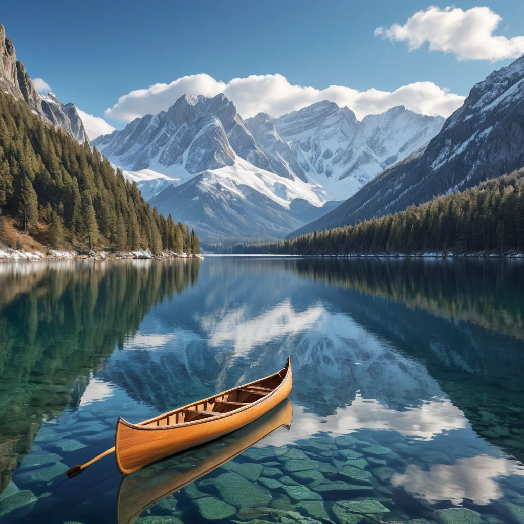 A serene lake nestled within a ring of snow-capped mountains, reflecting the azure sky and wispy clouds. A wooden canoe glides across the glassy surface, leaving a gentle ripple in its wake.