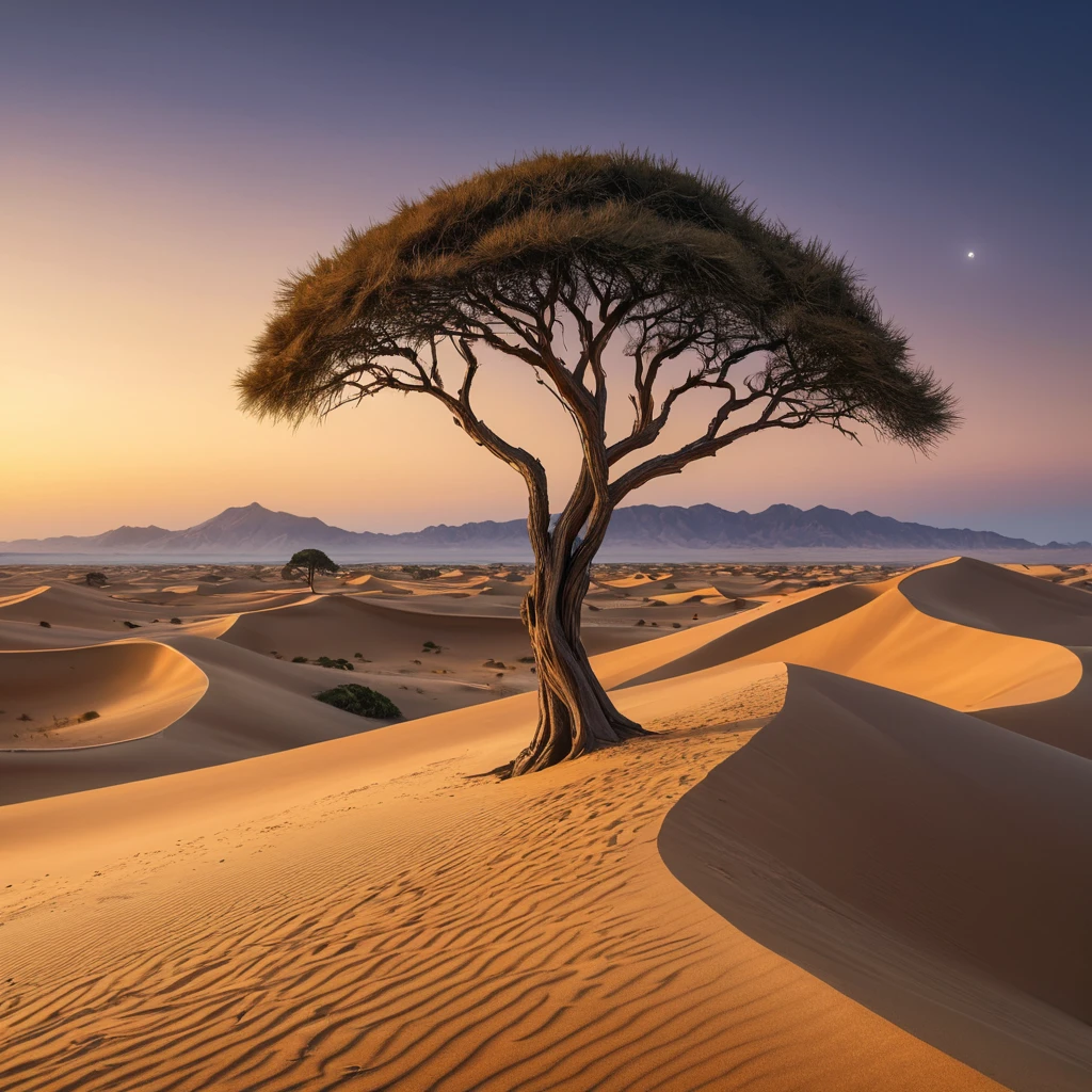 A vast, golden desert under a twilight sky, with dunes stretching endlessly, and a lone, ancient tree standing as a sentinel against the encroaching sands.