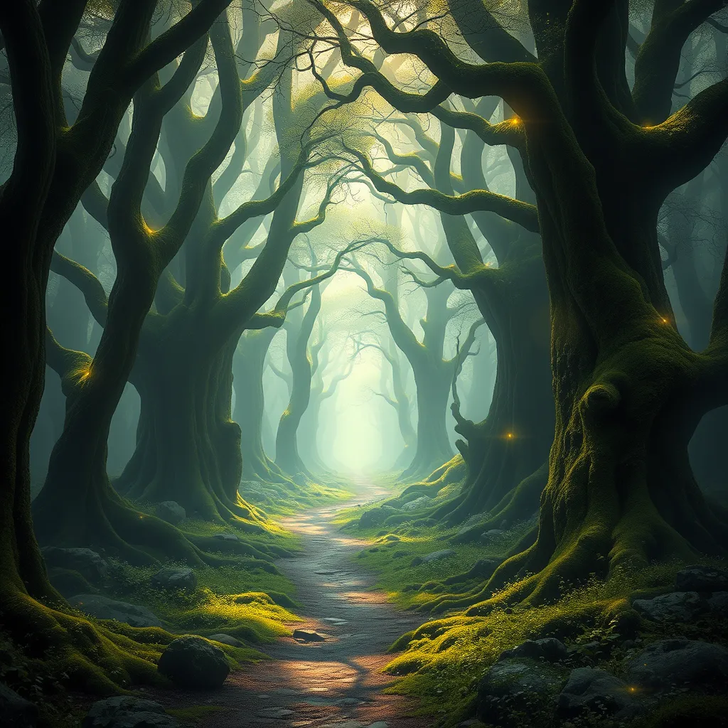 A mystical forest bathed in mist, ancient trees adorned with glowing moss, a path winding its way through the ethereal landscape, dappled sunlight, magical realism