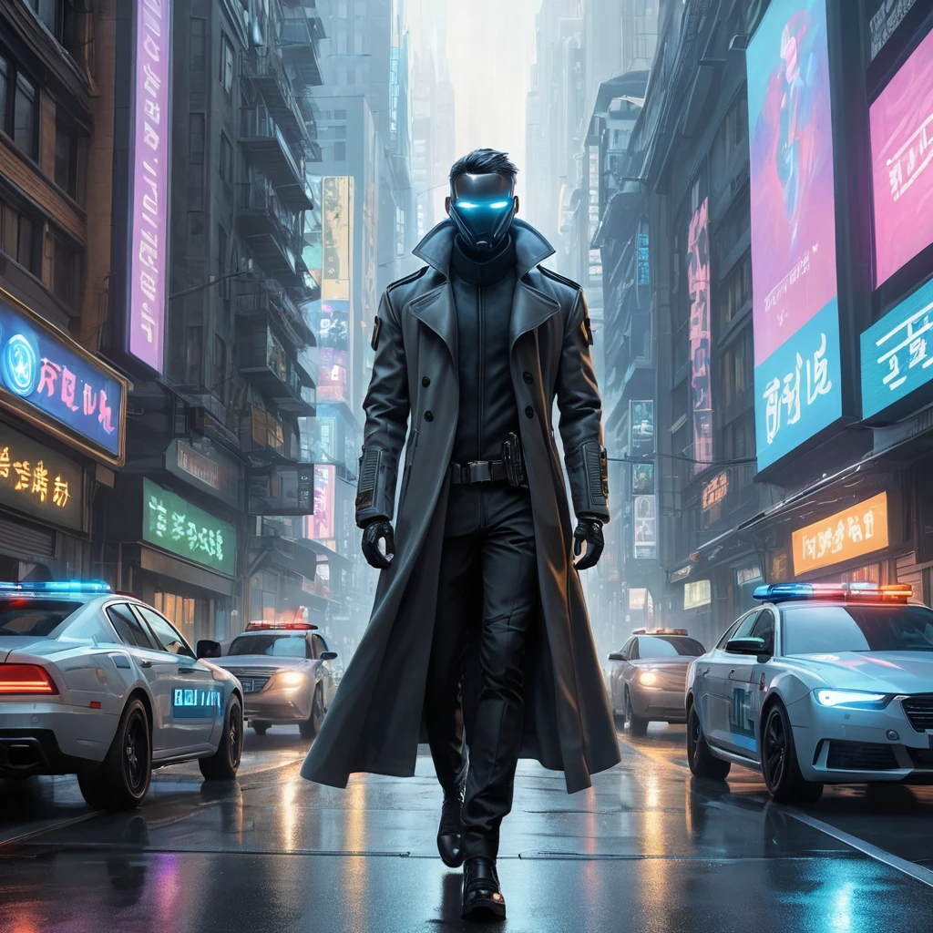 A cyberpunk street scene, holographic projections of advertisements flicker on buildings, robotic police patrol the streets, a lone figure in a trench coat walks down the sidewalk, their face obscured by a glowing mask, a flying car zooms overhead.