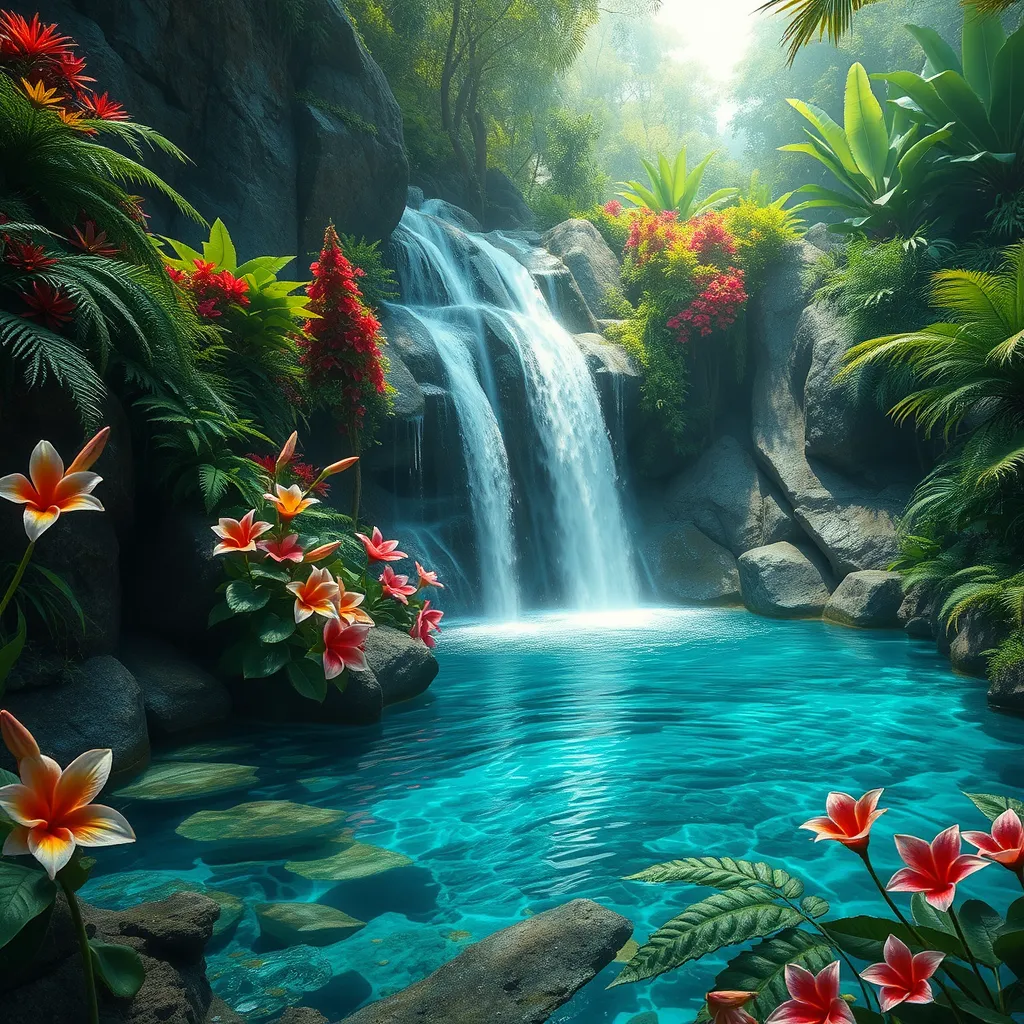 A hidden waterfall cascades into a crystal-clear pool surrounded by vibrant flowers and lush ferns. (Paradise, tropical, hidden oasis, untouched)