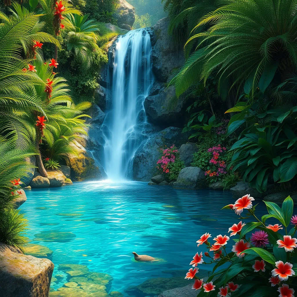 A hidden waterfall cascades into a crystal-clear pool surrounded by vibrant flowers and lush ferns. (Paradise, tropical, hidden oasis, untouched)