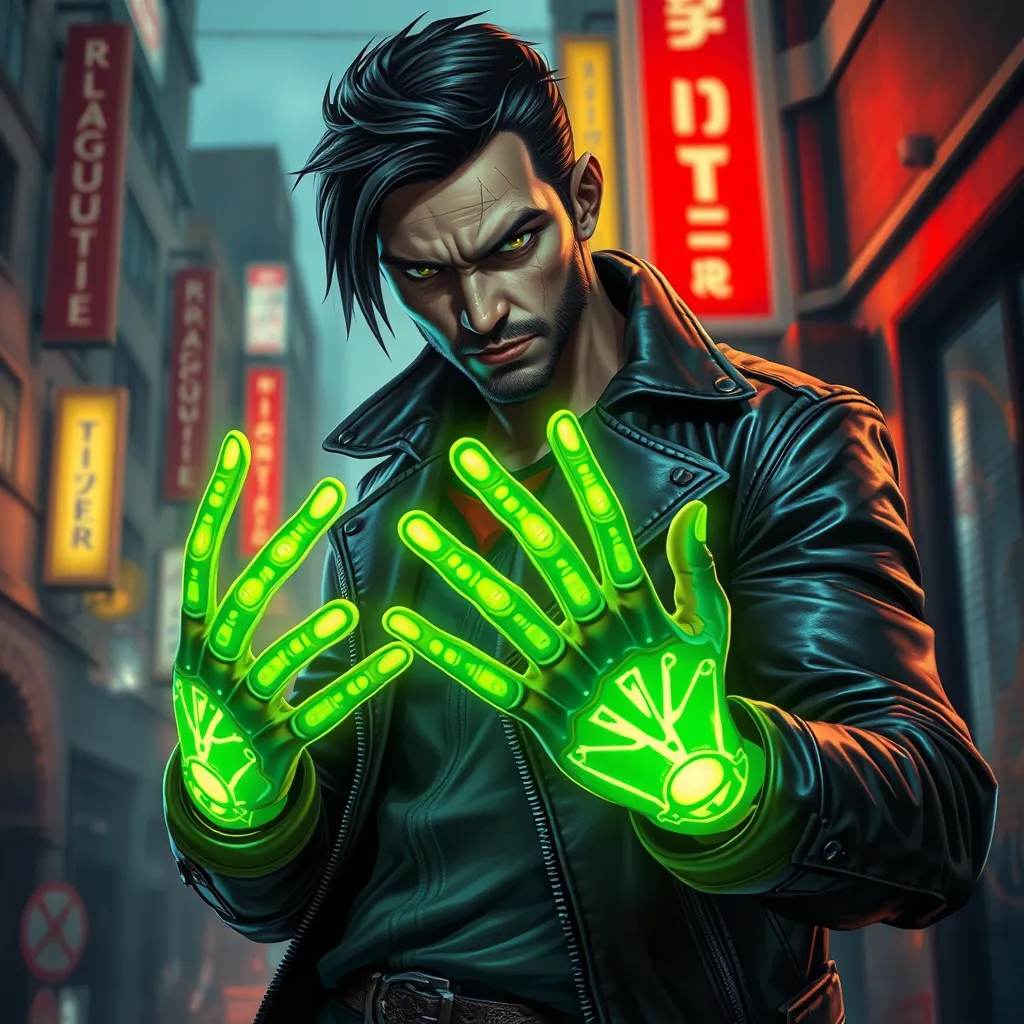 Rogue in a leather jacket, glowing green hands, defiant expression, rebellious attitude, urban setting, street art style, vibrant colors, cinematic lighting