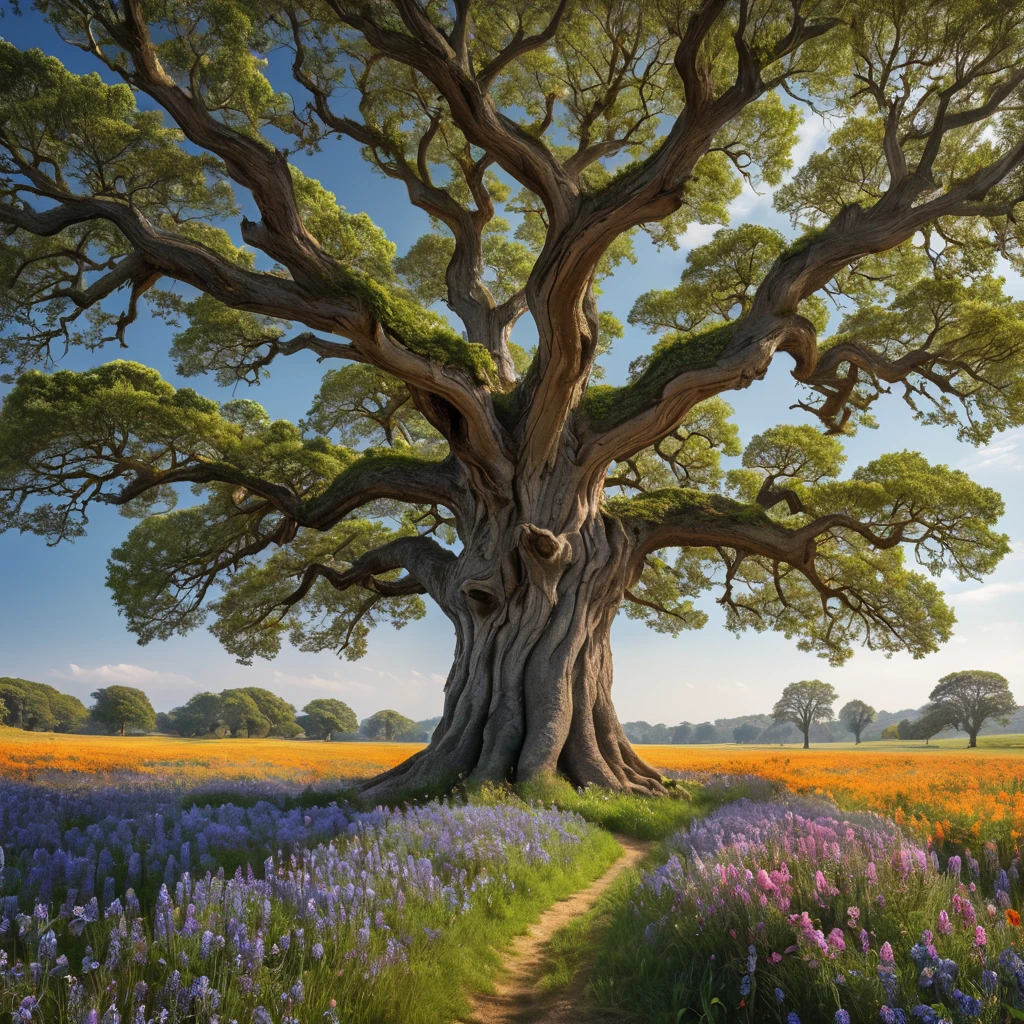 A field of vibrant wildflowers bursting into bloom, stretching as far as the eye can see. A solitary, ancient oak tree stands sentinel, its gnarled branches reaching out like protective arms.