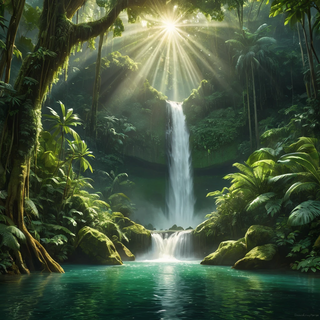 A cascading waterfall surrounded by lush, emerald-green rainforest, with rays of sunlight piercing through the dense canopy, creating a magical, ethereal glow.