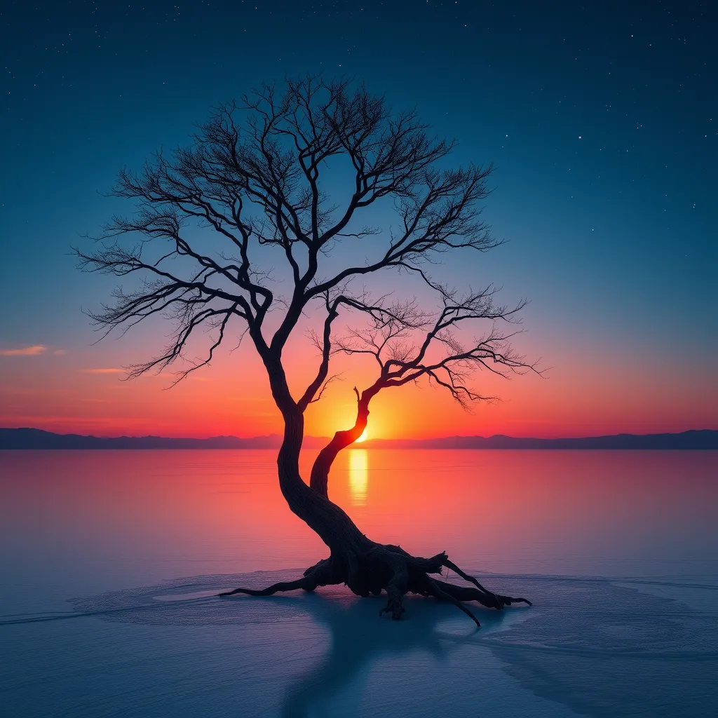 A lone, ancient tree silhouetted against a breathtaking sunset over a vast, reflective salt flat, stars beginning to appear in the deep blue sky, dreamlike and ethereal