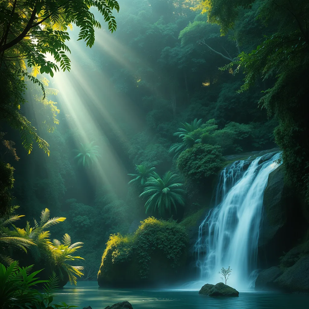 A cascading waterfall surrounded by lush, emerald-green rainforest, with rays of sunlight piercing through the dense canopy, creating a magical, ethereal glow.