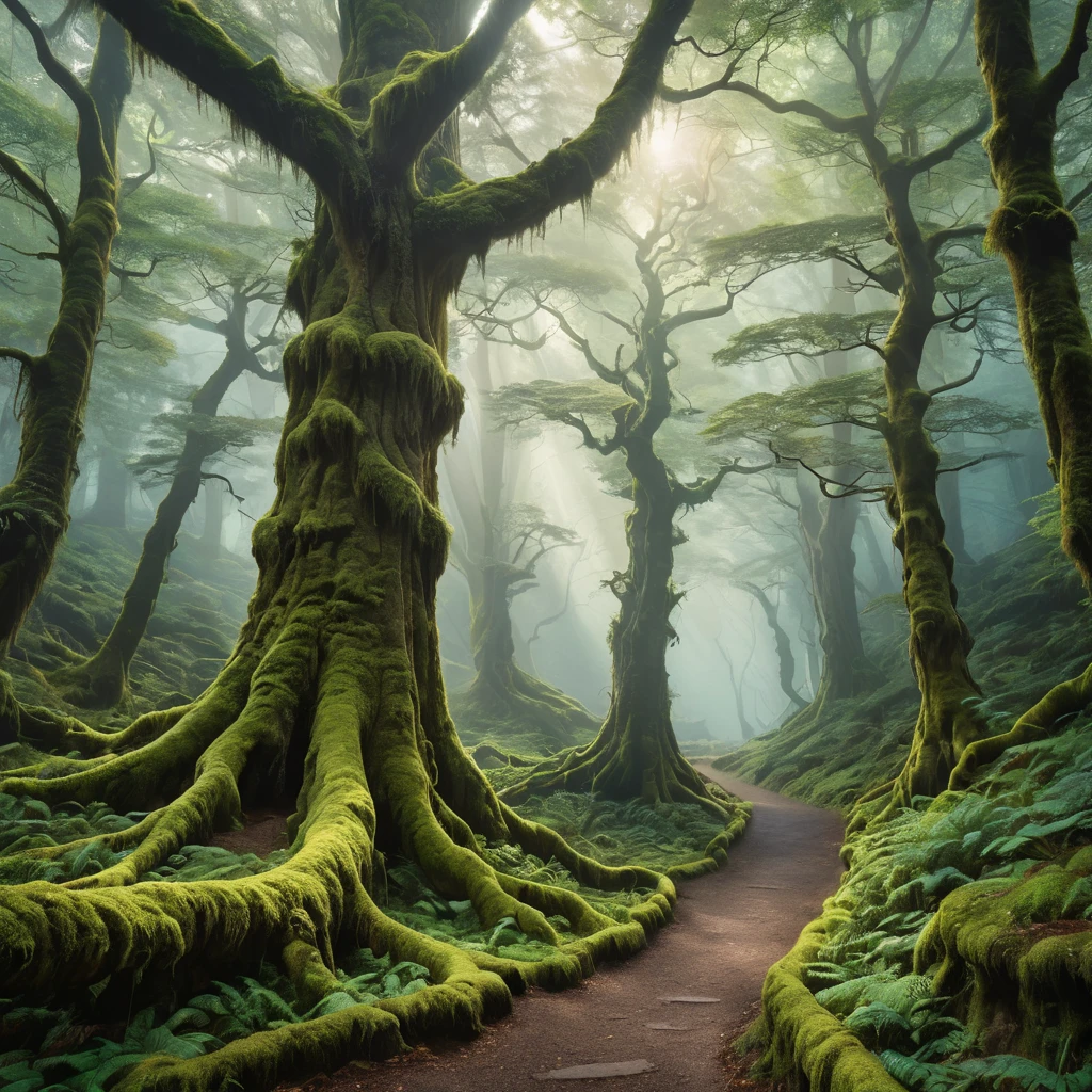 A mystical forest bathed in mist, ancient trees adorned with glowing moss, a path winding its way through the ethereal landscape, dappled sunlight, magical realism