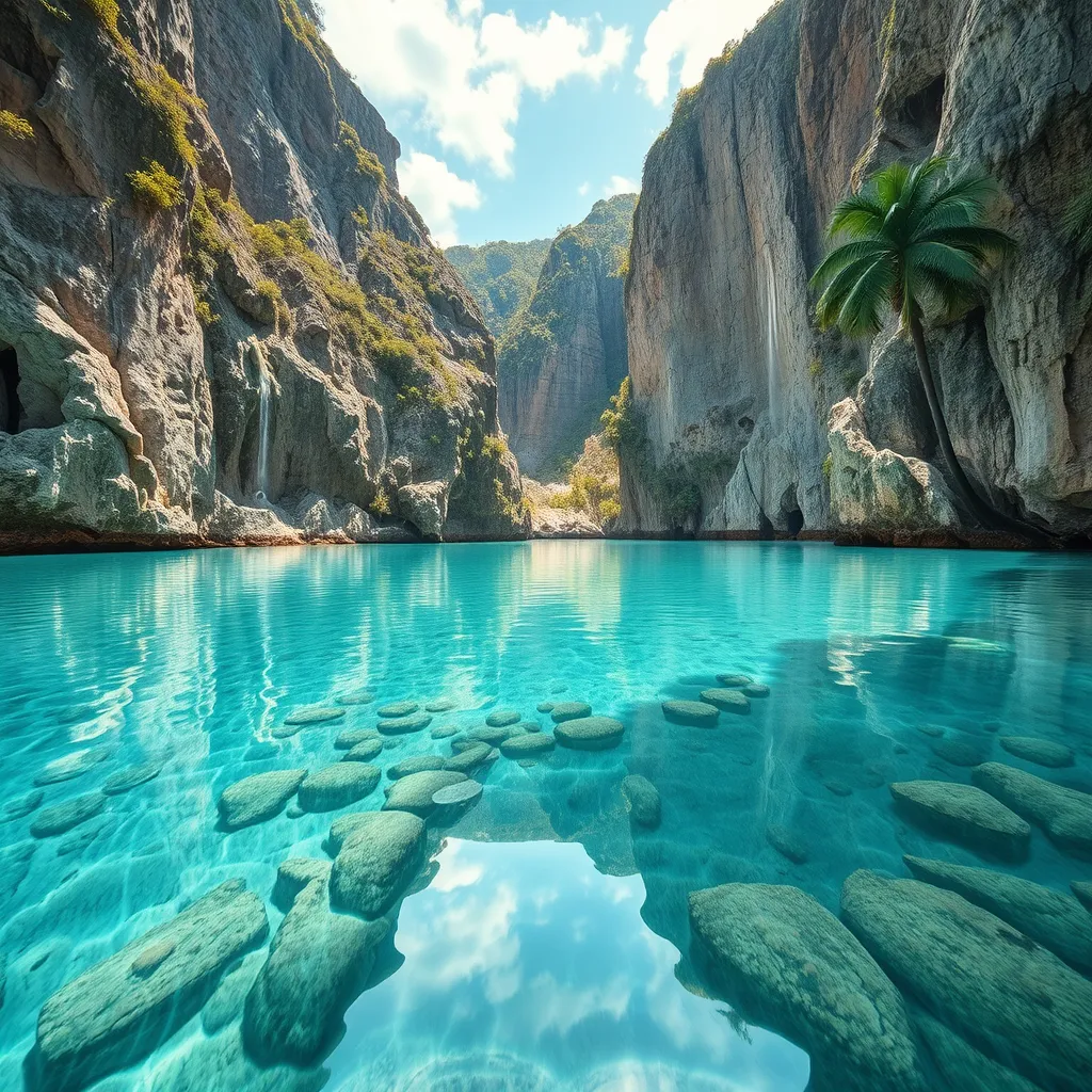 A hidden, crystal-clear lagoon surrounded by towering limestone cliffs, with the water so still it mirrors the sky above, creating a perfect, otherworldly reflection.