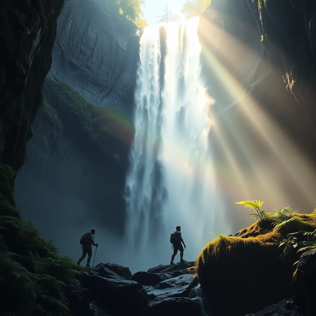 A majestic waterfall cascading down a sheer cliff face, sunlight illuminating the mist, creating a rainbow. Lush ferns and moss adorn the rocks, with a lone hiker silhouetted against the spray.