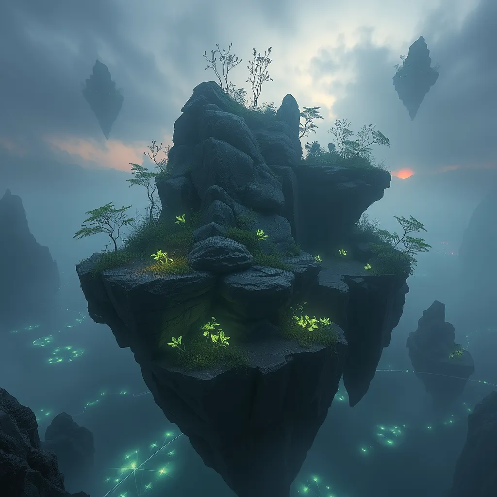 A surreal, otherworldly landscape with floating islands of rock and vegetation, suspended in a misty, twilight sky, with bioluminescent plants glowing softly.