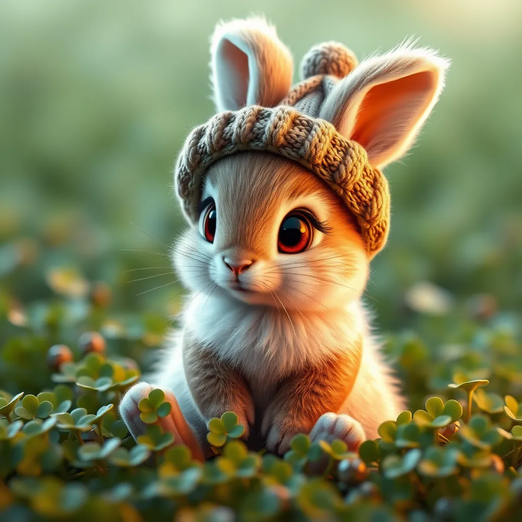 A fluffy baby bunny with big eyes, wearing a tiny knitted hat, sitting in a field of clovers, soft lighting, adorable, cute, pixar style