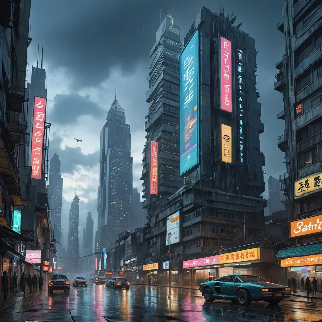 A colossal, rain-slicked metropolis shrouded in perpetual twilight, crumbling brutalist architecture pierced by towering holographic advertisements, flying vehicles weaving between decaying skyscrapers, cyberpunk style