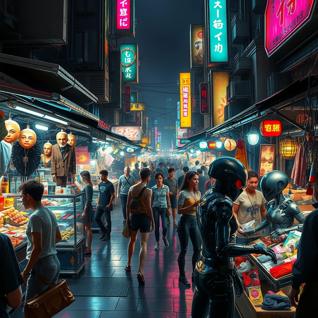 Cyberpunk street market at night, brightly lit stalls selling exotic goods and cybernetic enhancements, a diverse crowd of humans, aliens, and robots haggling over prices, vibrant colors and a sense of energy and excitement, cinematic lighting, detailed environment