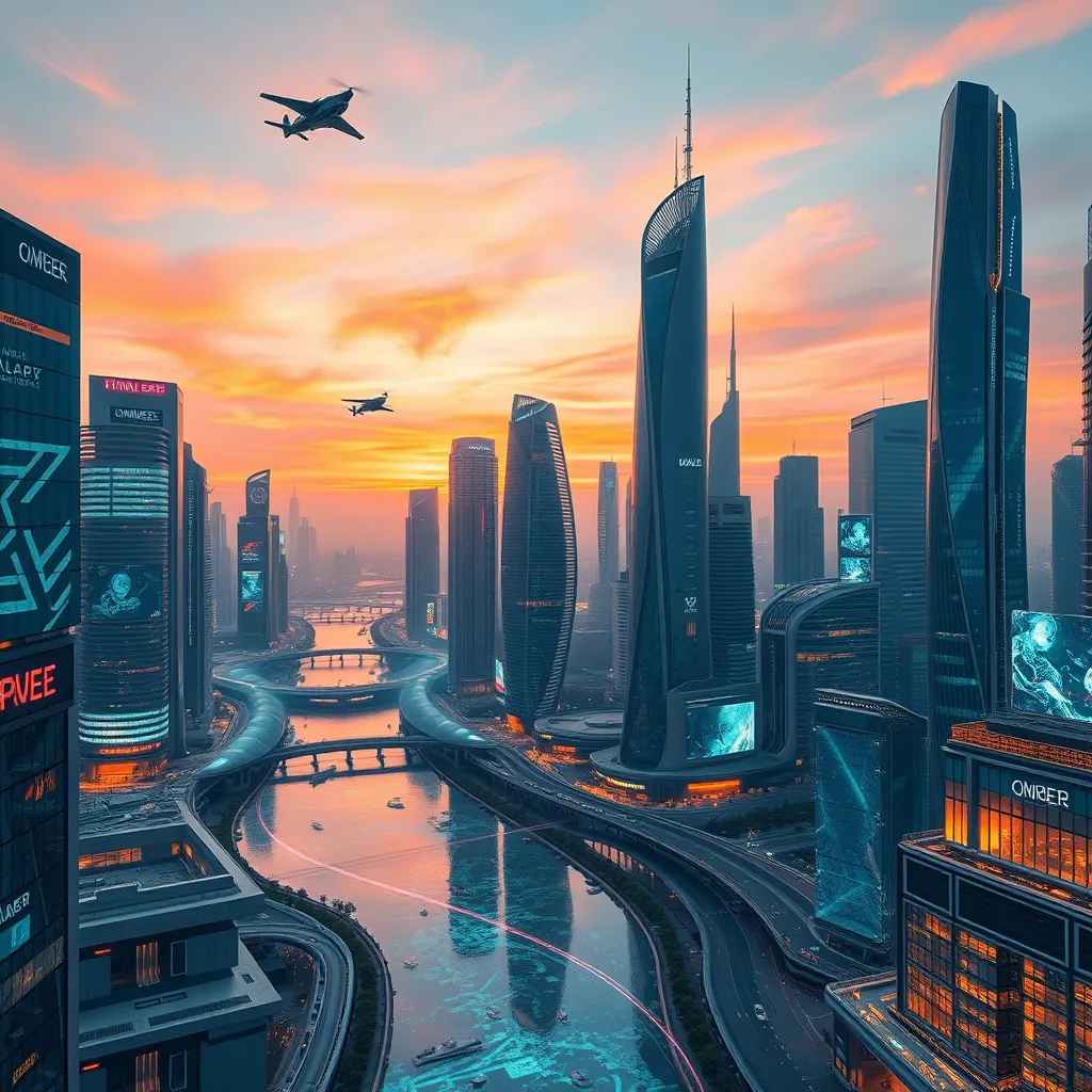 A futuristic cityscape at dusk, with sleek, bioluminescent skyscrapers towering over crystalline waterways. Flying autonomous vehicles zip between buildings, leaving trails of light. Reflecting the vibrant sky above, holographic advertisements shimmer on building facades.