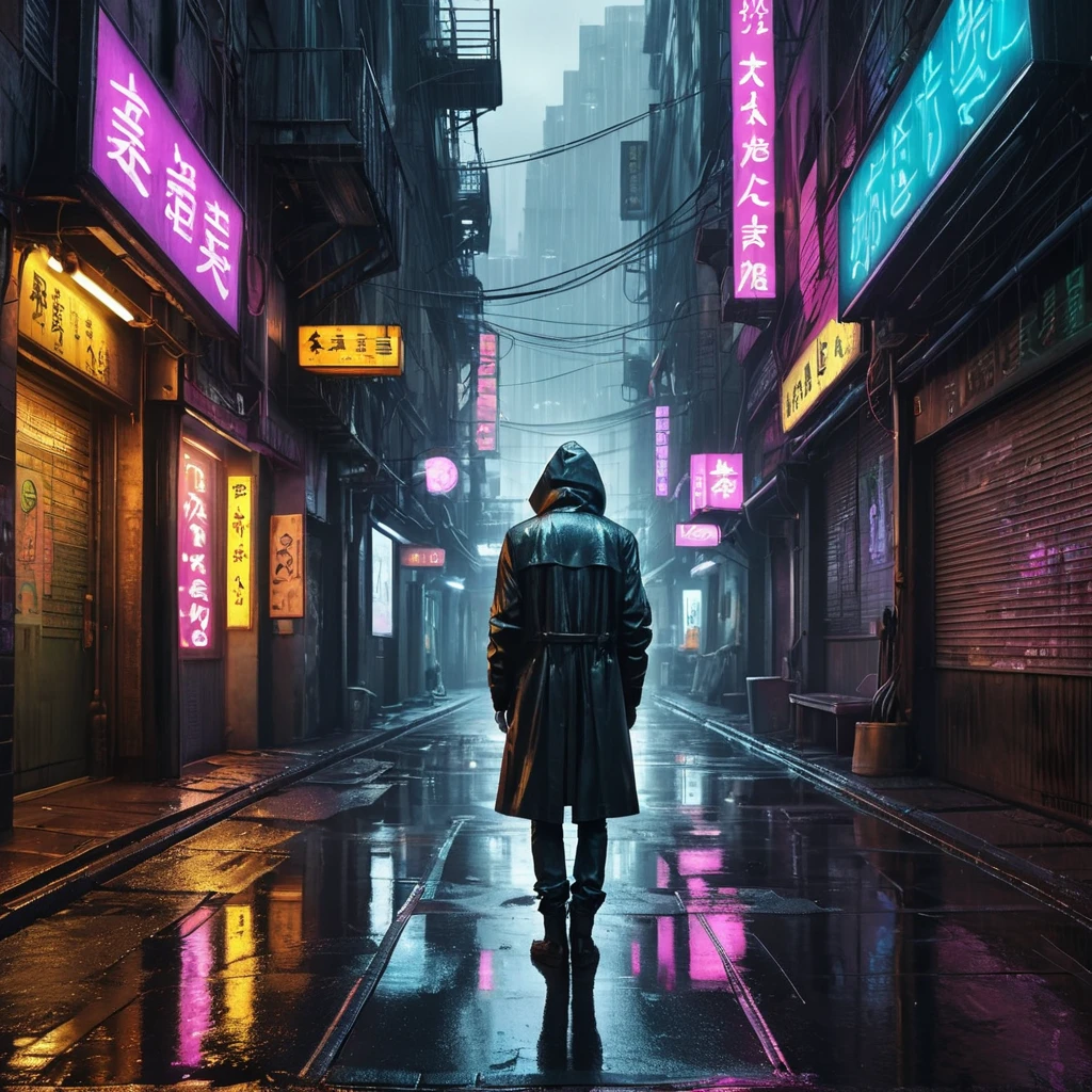 Deserted alleyway in a dystopian cyberpunk city, rain slick streets reflecting neon signs, steam rising from grates, flickering holographic advertisements, a lone figure silhouetted in the distance, a sense of loneliness and urban decay, cyberpunk art, dark and atmospheric