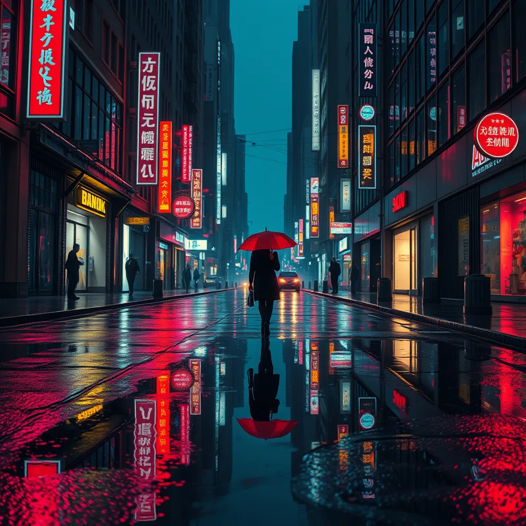 Cyberpunk street after the rain, reflections of neon lights on the wet pavement, puddles acting like mirrors to the city above, a lone figure walking away with a red umbrella, a sense of melancholy and beauty, cinematic composition, hyperrealistic