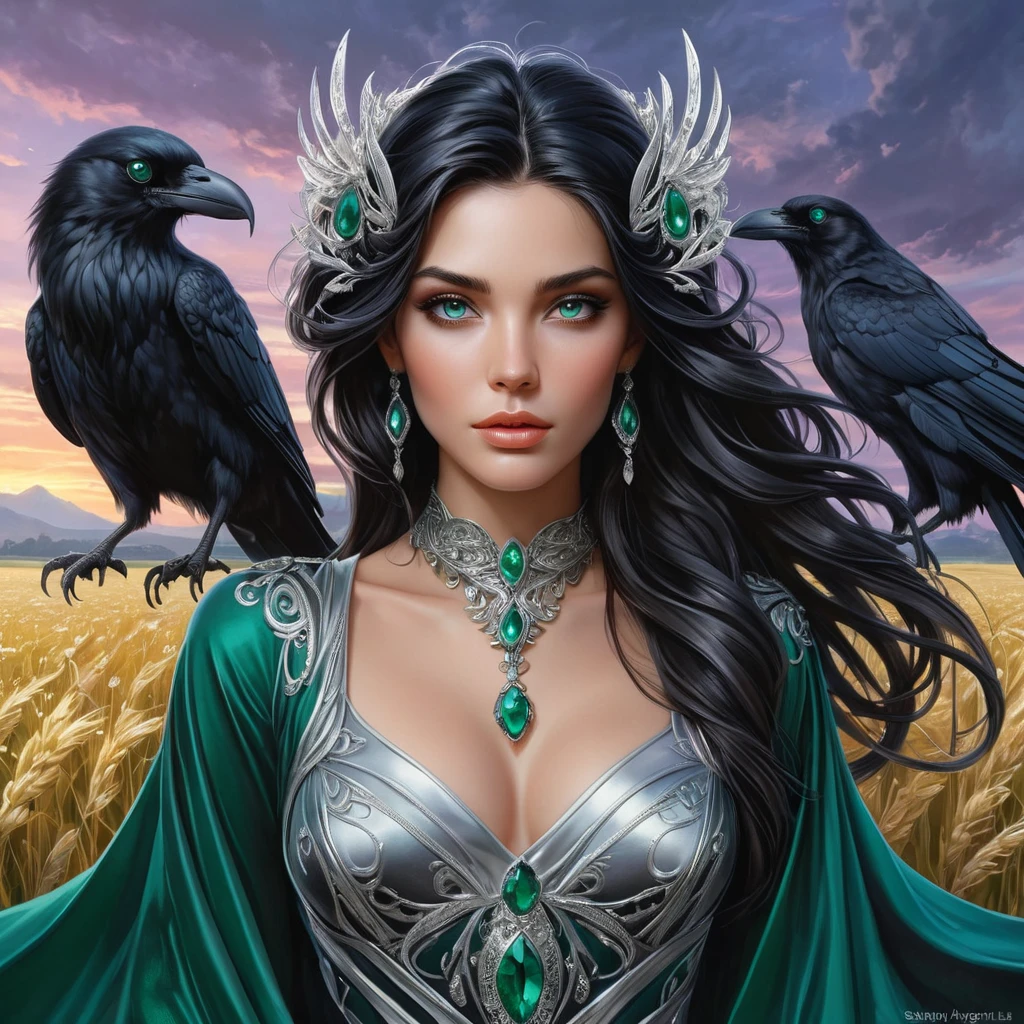 A stunning sorceress with emerald eyes, flowing raven hair interwoven with silver ornaments, clad in flowing silks that shift between the colors of a twilight sky, standing amidst a field of enchanted crystals, fantasy art