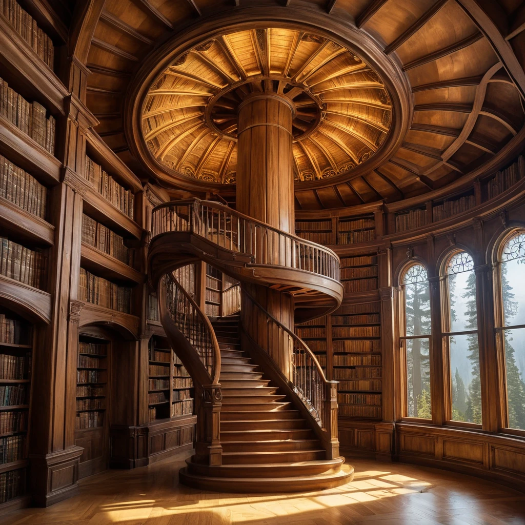 A solitary, ancient library carved into the heart of a giant sequoia tree, bathed in warm, golden light. Shelves overflow with ancient tomes bound in leather and illuminated manuscripts. A spiral staircase winds upwards, disappearing into the shadows of the treetop.