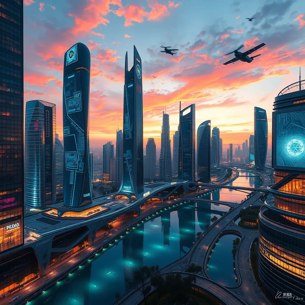 A futuristic cityscape at dusk, with sleek, bioluminescent skyscrapers towering over crystalline waterways. Flying autonomous vehicles zip between buildings, leaving trails of light. Reflecting the vibrant sky above, holographic advertisements shimmer on building facades.