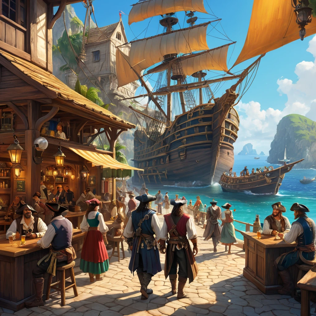 A bustling pirate cove, filled with taverns, ships, and pirates from all walks of life, vibrant colors, lively atmosphere, concept art