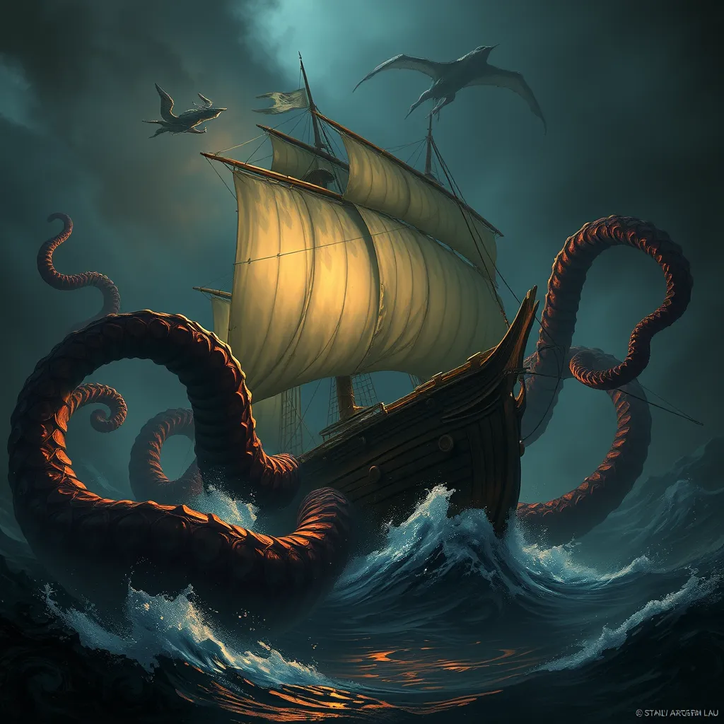 A kraken, tentacles wrapped around a pirate ship, dragging it into the depths of the ocean, dark fantasy, epic scene, dramatic lighting