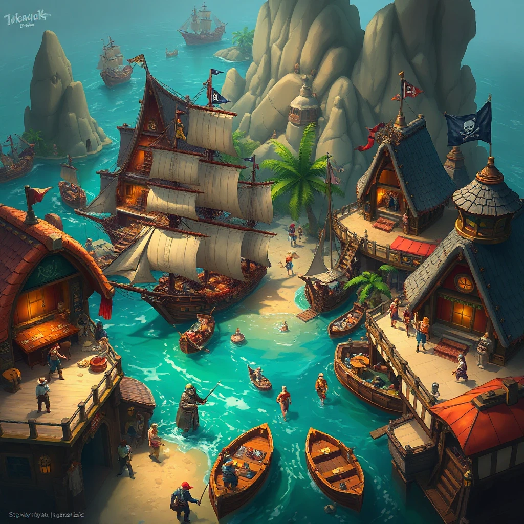 A bustling pirate cove, filled with taverns, ships, and pirates from all walks of life, vibrant colors, lively atmosphere, concept art