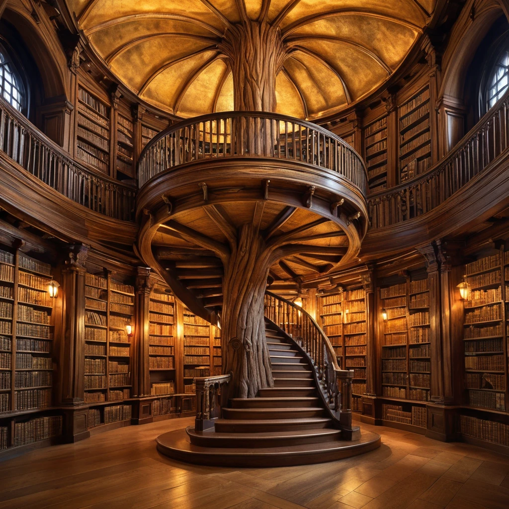 A solitary, ancient library carved into the heart of a giant sequoia tree, bathed in warm, golden light. Shelves overflow with ancient tomes bound in leather and illuminated manuscripts. A spiral staircase winds upwards, disappearing into the shadows of the treetop.