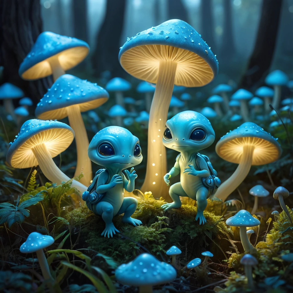 A group of bioluminescent baby aliens playing hide and seek in a field of glowing mushrooms, whimsical, dreamlike, soft focus