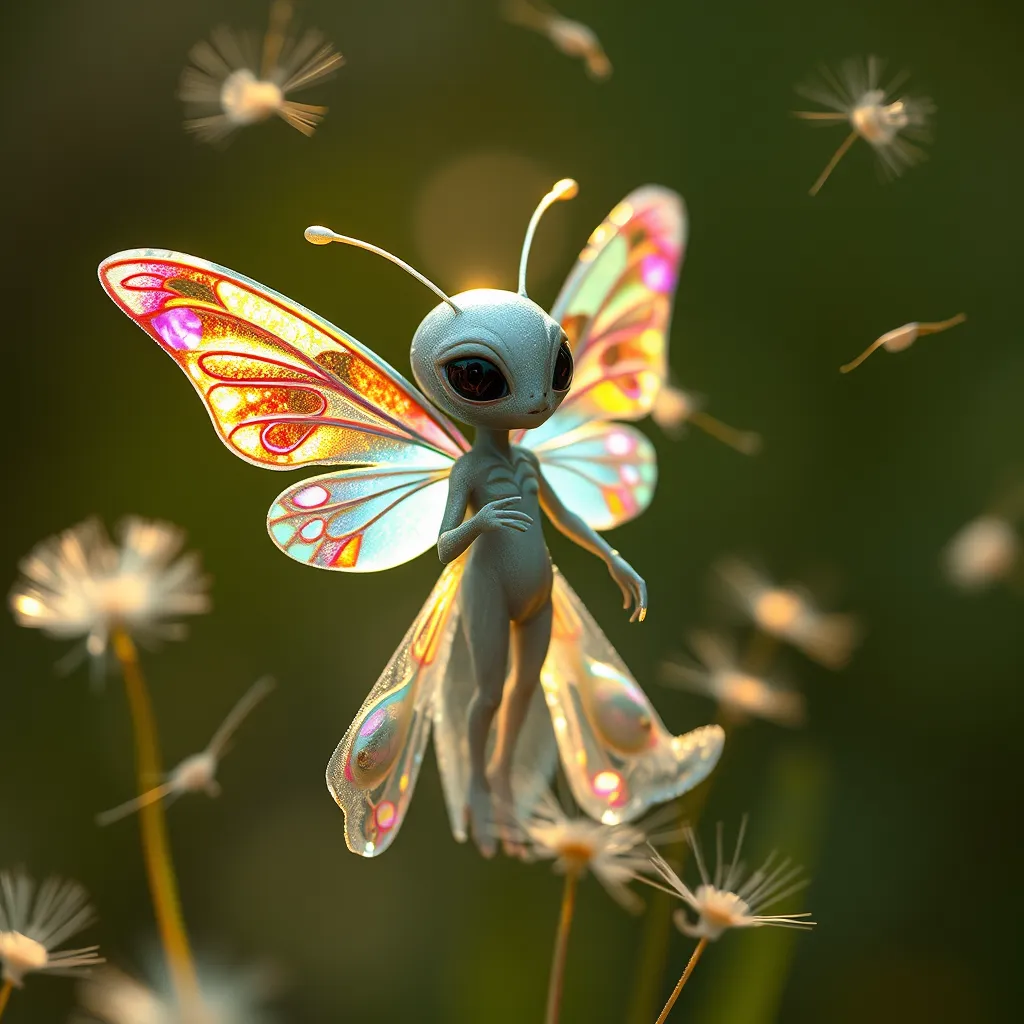 A tiny, iridescent alien with butterfly wings releasing glowing dandelion seeds into the wind, magical, ethereal, soft lighting