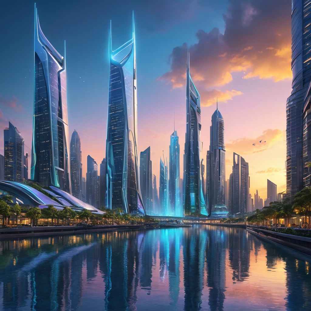 A futuristic cityscape at dusk, with sleek, bioluminescent skyscrapers towering over crystalline waterways. Flying autonomous vehicles zip between buildings, leaving trails of light. Reflecting the vibrant sky above, holographic advertisements shimmer on building facades.