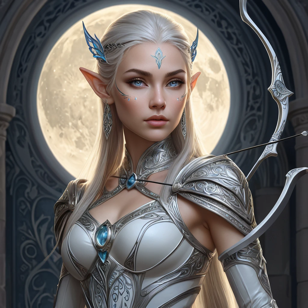 A graceful elven warrior with porcelain skin, intricate tattoos of glowing runes across her arms, wielding a bow of shimmering moonlight, her gaze fierce yet compassionate, digital art, art nouveau