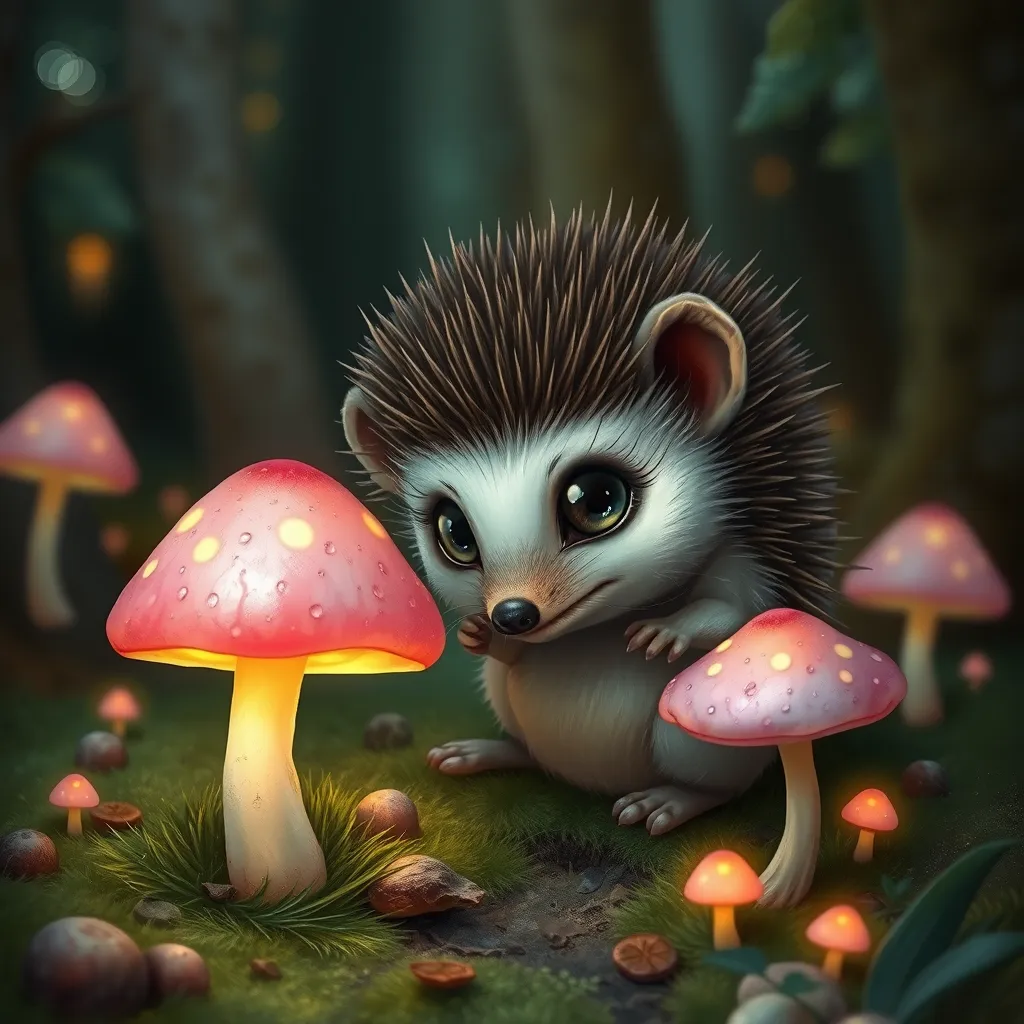 A tiny hedgehog with big eyes and a curious expression, sniffing a pink mushroom in a magical forest, fantasy art, glowing mushrooms