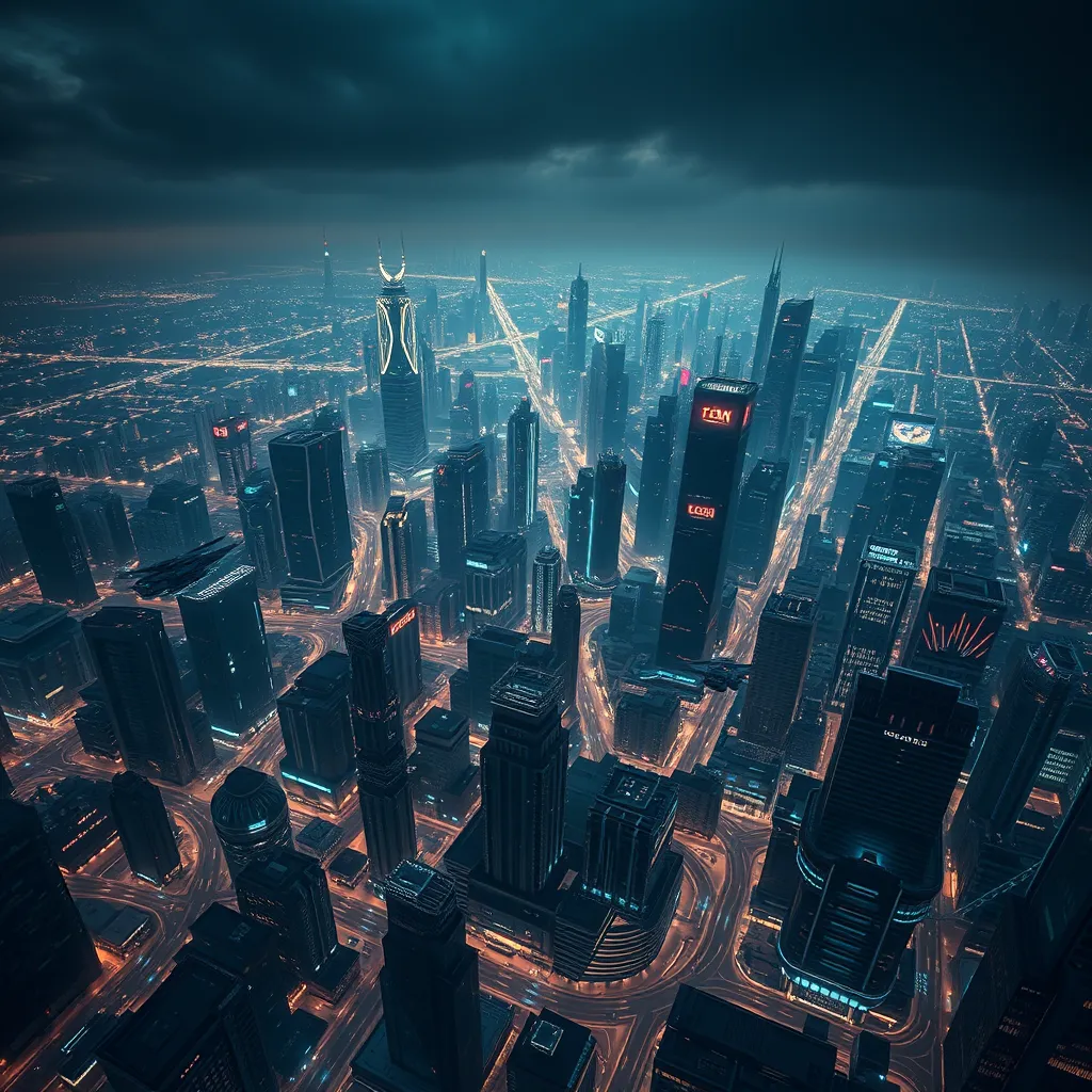 Aerial view of a sprawling cyberpunk city at night, glowing grid patterns of streets and buildings, flying vehicles weaving through the cityscape, holographic projections illuminating the sky, a sense of scale and technological advancement, futuristic architecture, 8k resolution