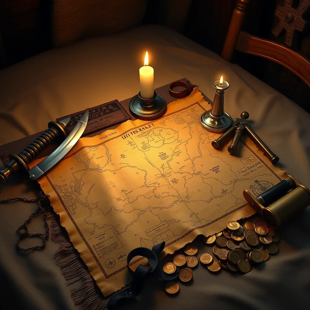 A treasure map spread out on a table lit by a single flickering candle, surrounded by pirate paraphernalia - cutlass, compass, spyglass, and gold coins, highly detailed, realistic