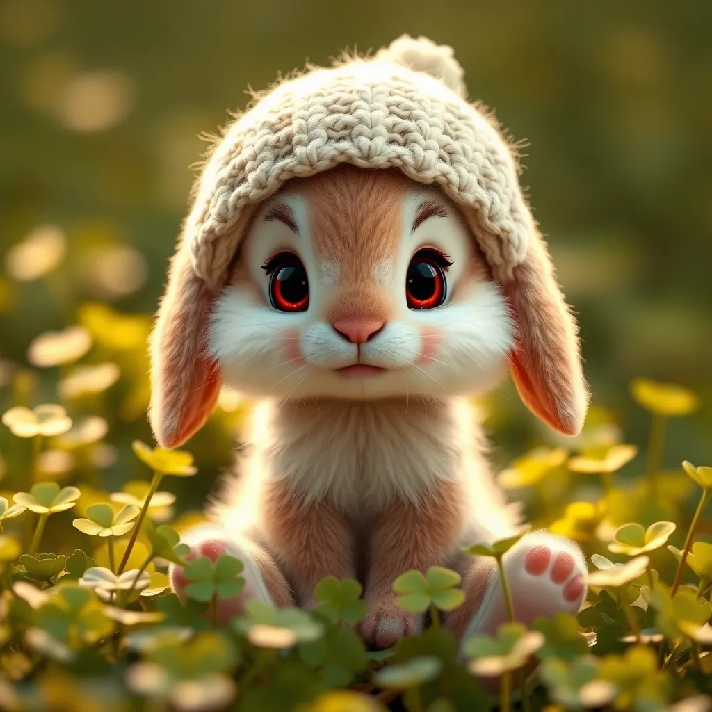 A fluffy baby bunny with big eyes, wearing a tiny knitted hat, sitting in a field of clovers, soft lighting, adorable, cute, pixar style