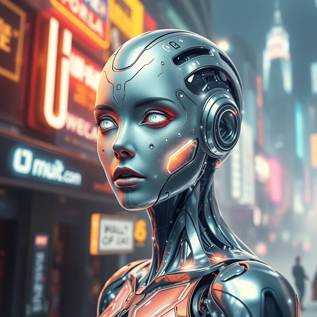 An ethereal android with luminous silver skin, geometric patterns of light pulsing beneath her surface, her eyes glowing with artificial intelligence, set against a backdrop of a futuristic neon cityscape, cyberpunk art, hyperrealistic